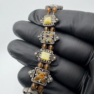 Vintage Beaded Stretch Bracelet – Yellow Cat’s Eye & Amber Glass Accents